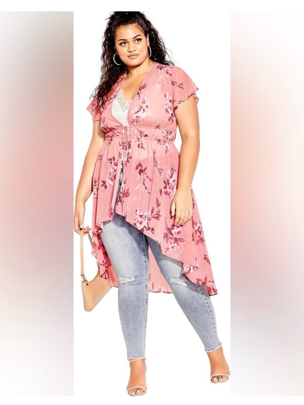City Chic Dusty Pink Waterfall Kimono Over Dress - Gypsy Floral